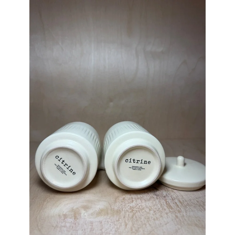 Citrine Creamer and Lidded Sugar Bowl Set Cream Ribbed‎ Ceramic Minimalist